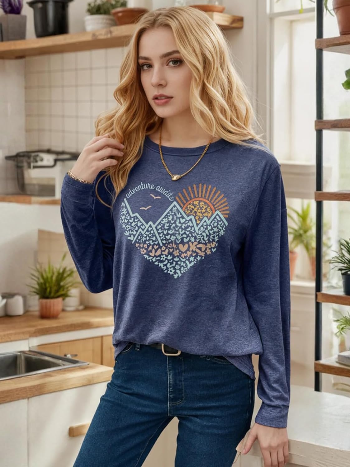 Womens Hiking Mountain Shirt Nature Sunrise Funny Pine Tree River Graphic T Shirt Long Sleeve Workout Tee Top - Image 3