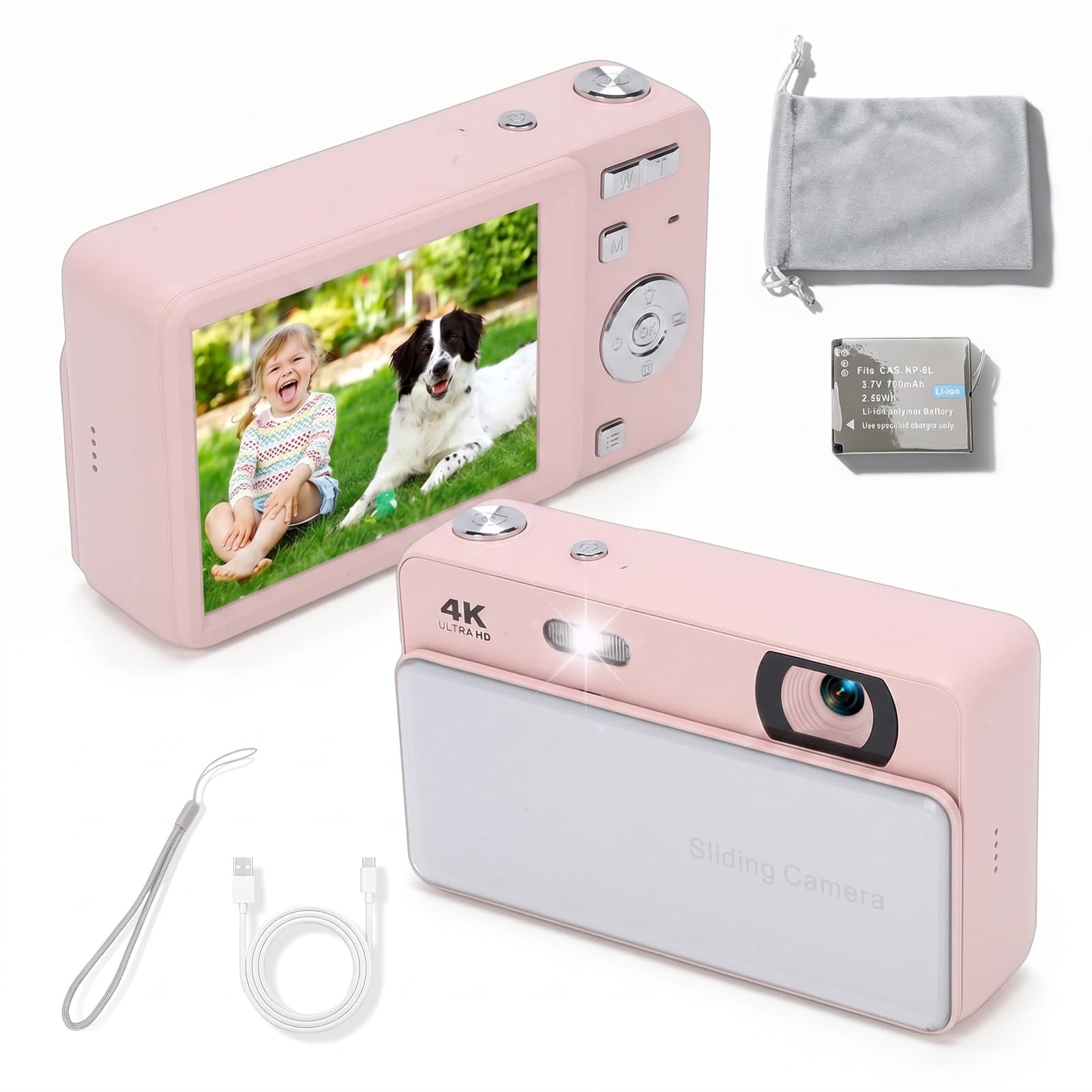 ciciglow Digital Camera, 64MP HD Autofocus 4K Retro Sliding Camera, 16X Digital Zoom CCD Cameras with 2.8 Inch Screen for Teens Adult Beginner (Pink)