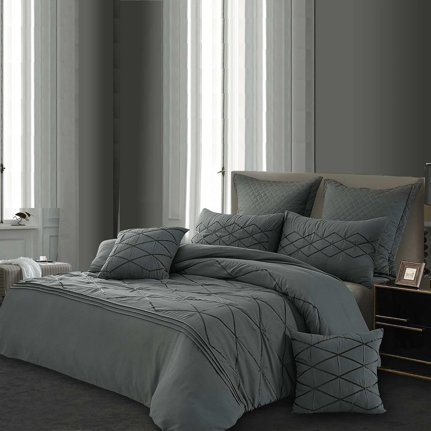 Charcoal Black Quilt Cover Set Queen Rich Diamond Pintuck Pleated Pattern Quilt Cover 3pcs Grey