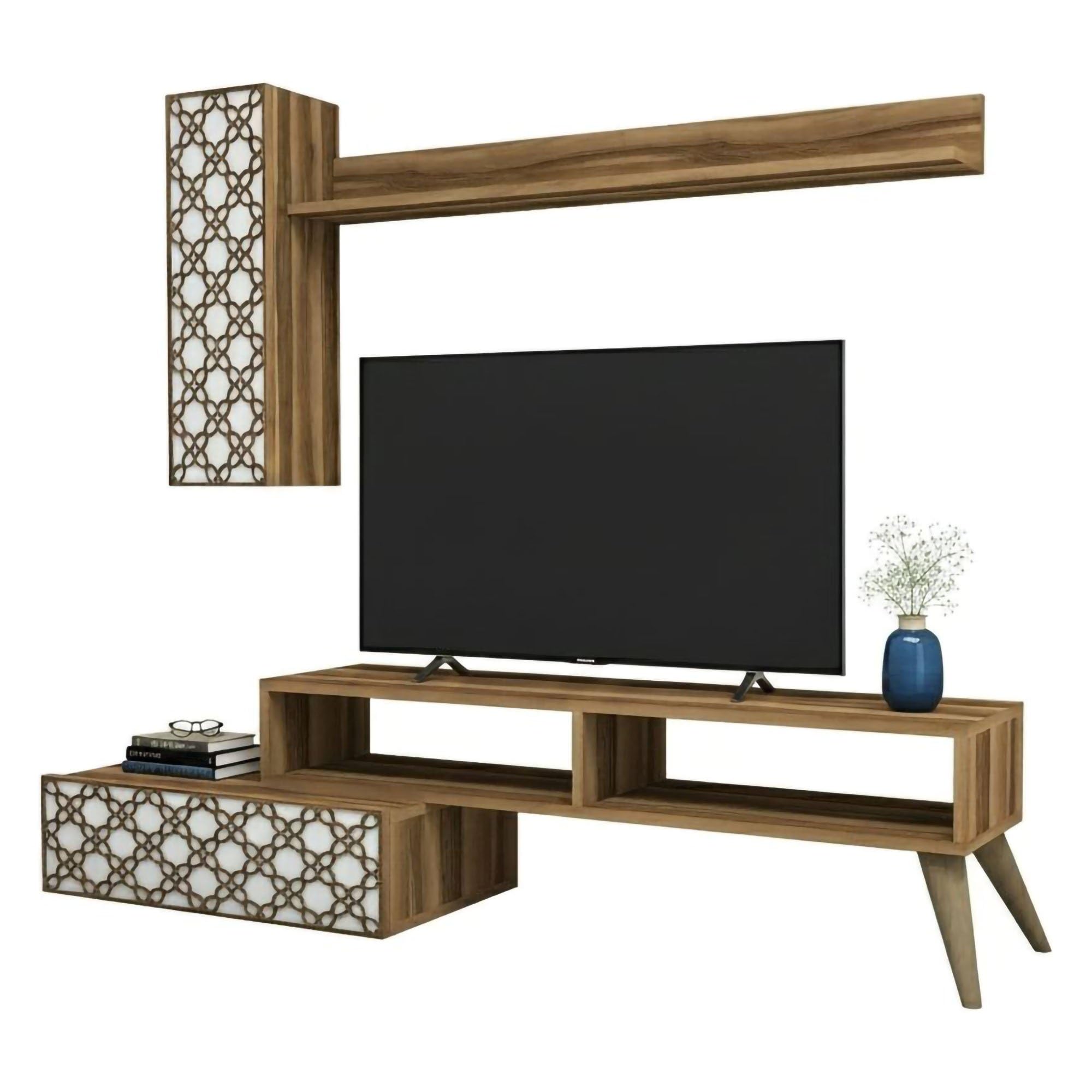 Dmora Mur équipé Sterope, Composition Salon, Meuble Salon Polyvalent, Armoire TV 150 x 37 x 38 cm, Noyer et Blanc