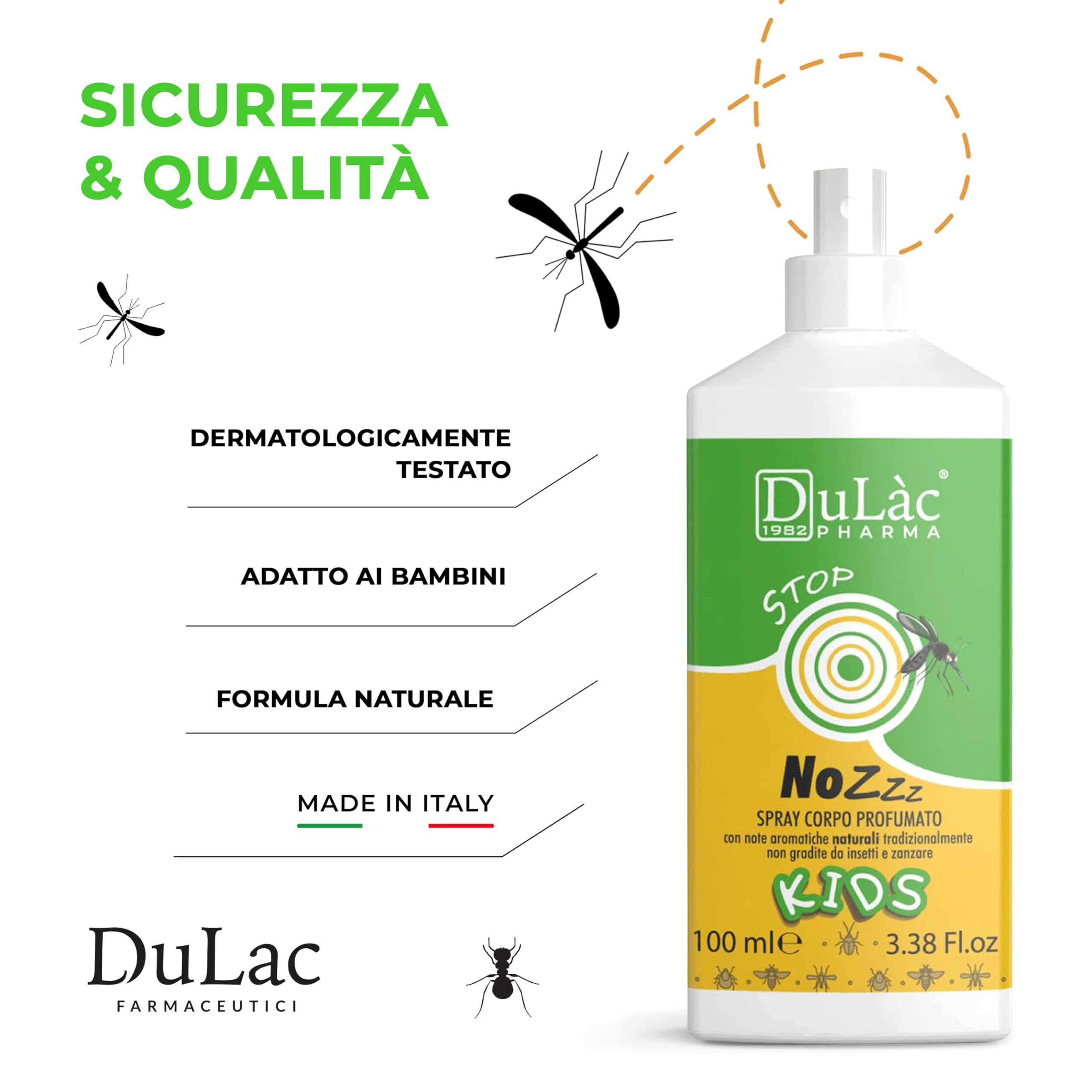 Dulàc - NOZZZ Spray Corpo Profumato per Bambini, 100 ml Spray Antipuntura, Protezione Lunga Durata, Contiene Aloe Vera, Repellente Zanzare e Insetti
