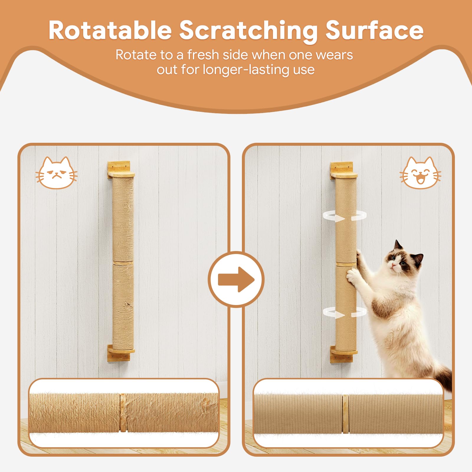 SnuyGo Cat Wall Scratcher Post- 24" Thicker Columns Wall Mounted Rubber Wood Sisal Scratching Post Furniture for Large Cats and Kittens - image 4