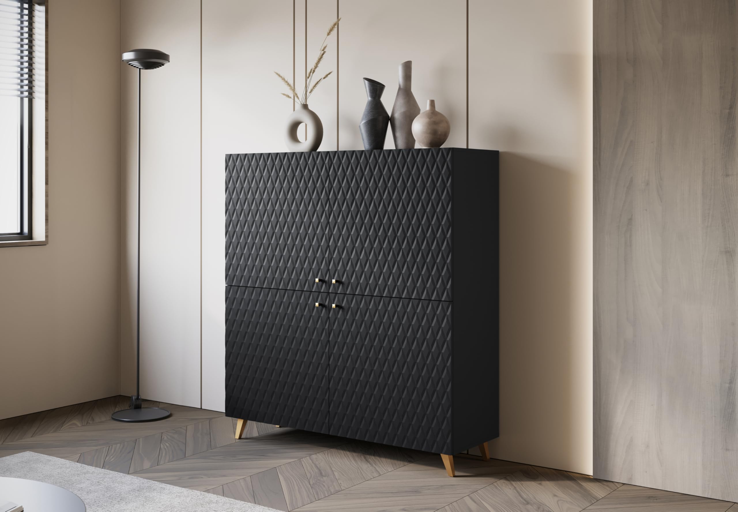 MINIO go for it – Meuble de Rangement 120 cm de Large, 4 Portes, modèle Loket sur Pied, Meuble de Salon/Sideboard – Noir Mat