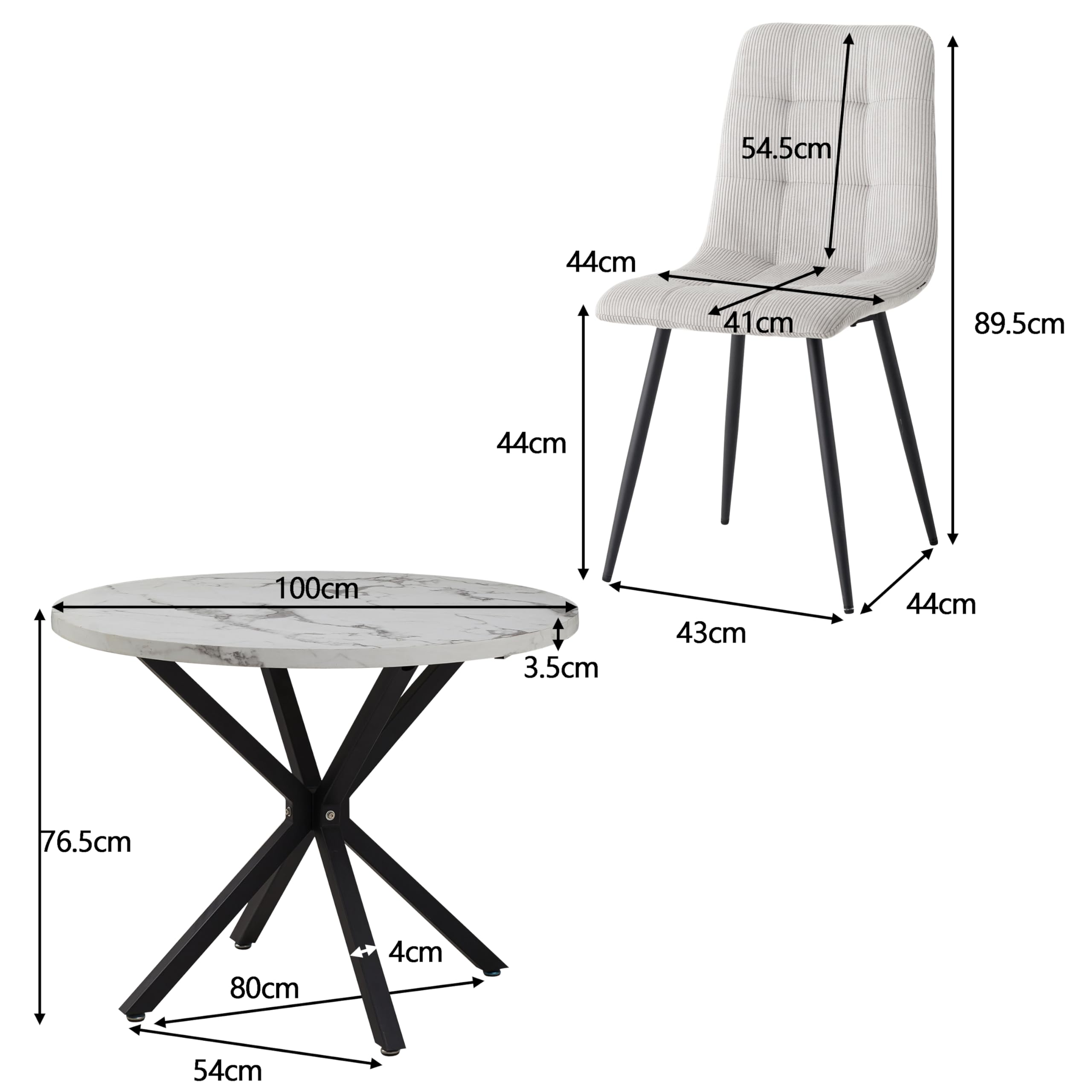 Esstisch- und Stuhlset, 4 Cord mit Hoher Rückenlehne und EIN 100 cm Langer Moderner Runder Esstisch, Geeignet für Küchen, Esszimmer und Wohnzimmer-Schwarze Tischbeine + Hellgrau
