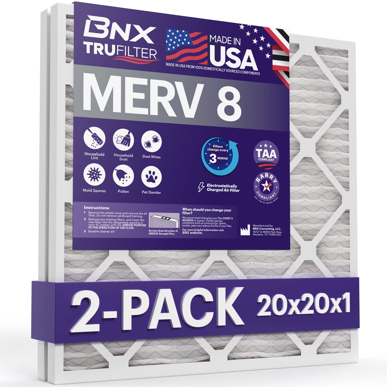 BNX 20x20x1 MERV 8 Air Filter 2 Pack - MADE IN USA - Electrostatic Pleated Air Conditioner HVAC AC Furnace Filters - Removes Dust, Mold, Pollen, Lint