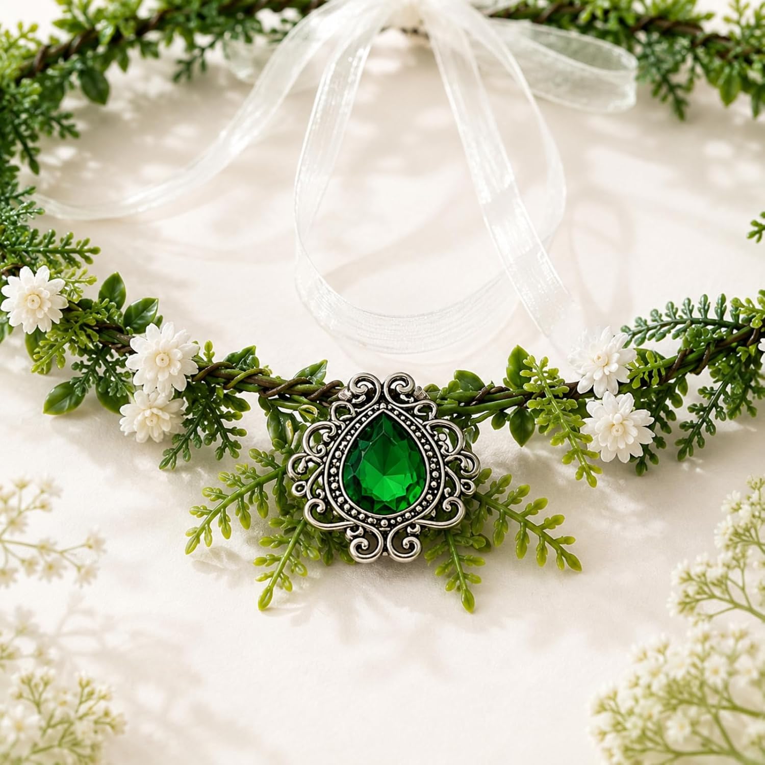 Fairy Flower Leaf Crown Headpiece Set with Elf Ear Cuffs and Necklace, Elven Princess Tiara for Women, Halloween Cosplay Costume Accessories for Renaissance Festival, Photoshoot, Wedding image 3