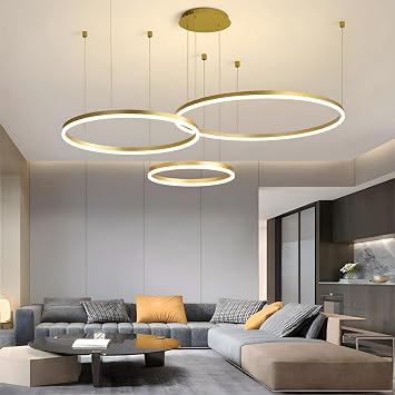 Metal LED Chandelier 3 Circles 60 + 80 + 100 cm 108 W Rings Ceiling Pendant Lamp Dimmable Remote Control 3000-6000 K Acrylic Shade Pendant Light Living Room Bedroom Foyer Dining Room Gold