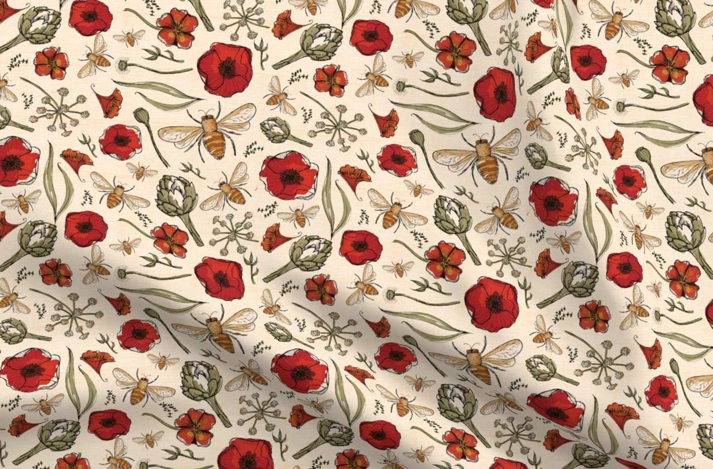 Spoonflower Fabric - Art Bee Bees Artichoke Poppy Floral Hive Honeybee Smaller Scale Printed on Organic Cotton Sateen Fabric by The Yard - Sewing Quilting Apparel Home Decor