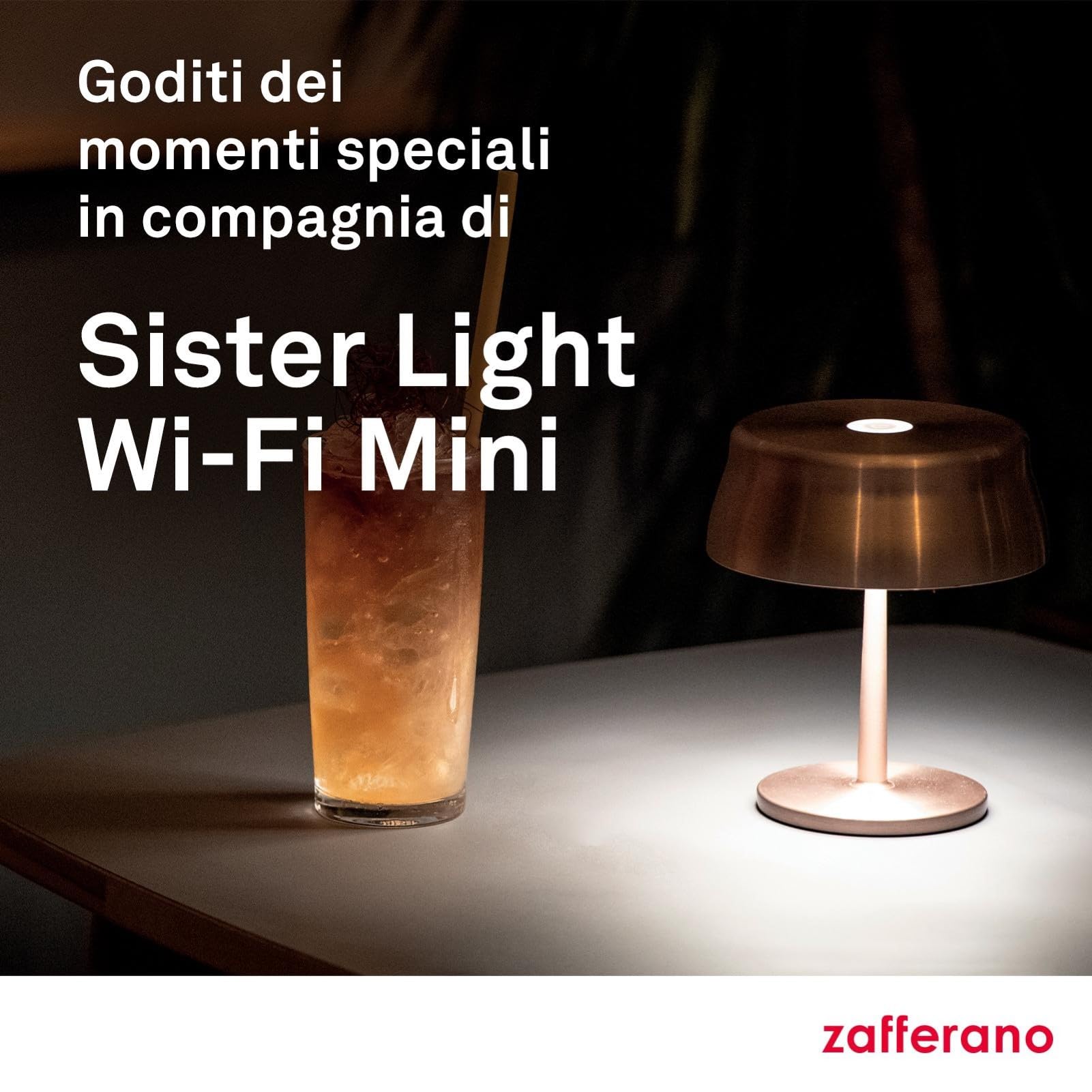 Zafferano, Lampada Sister Light Wi-Fi Mini, Lampada da Tavolo Ricaricabile e Senza Fili con Controllo da Remoto, per Salotto ed Esterni, Dimmer a Step, 2200-4000 K, Altezza 17 cm, Colore Verde