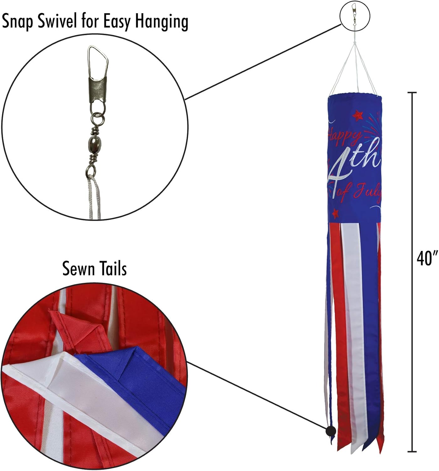 In the Breeze 5134 - Happy 4th of July 40 Inch Windsock - Outdoor Seasonal Decoration