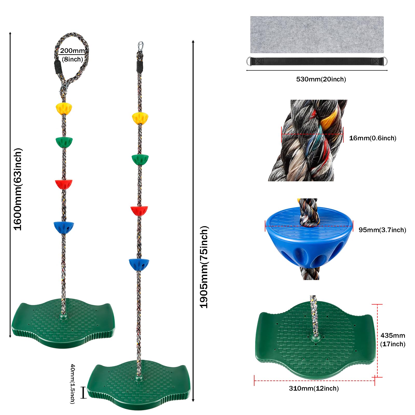 Altalena per arrampicata all'aperto, set di sedili a dondolo antiscivolo con corda regolabile lunga 1,9 m, in piedi e seduti, 75 kg, robusta altalena per bambini, per giardino, parchi giochi, bambini