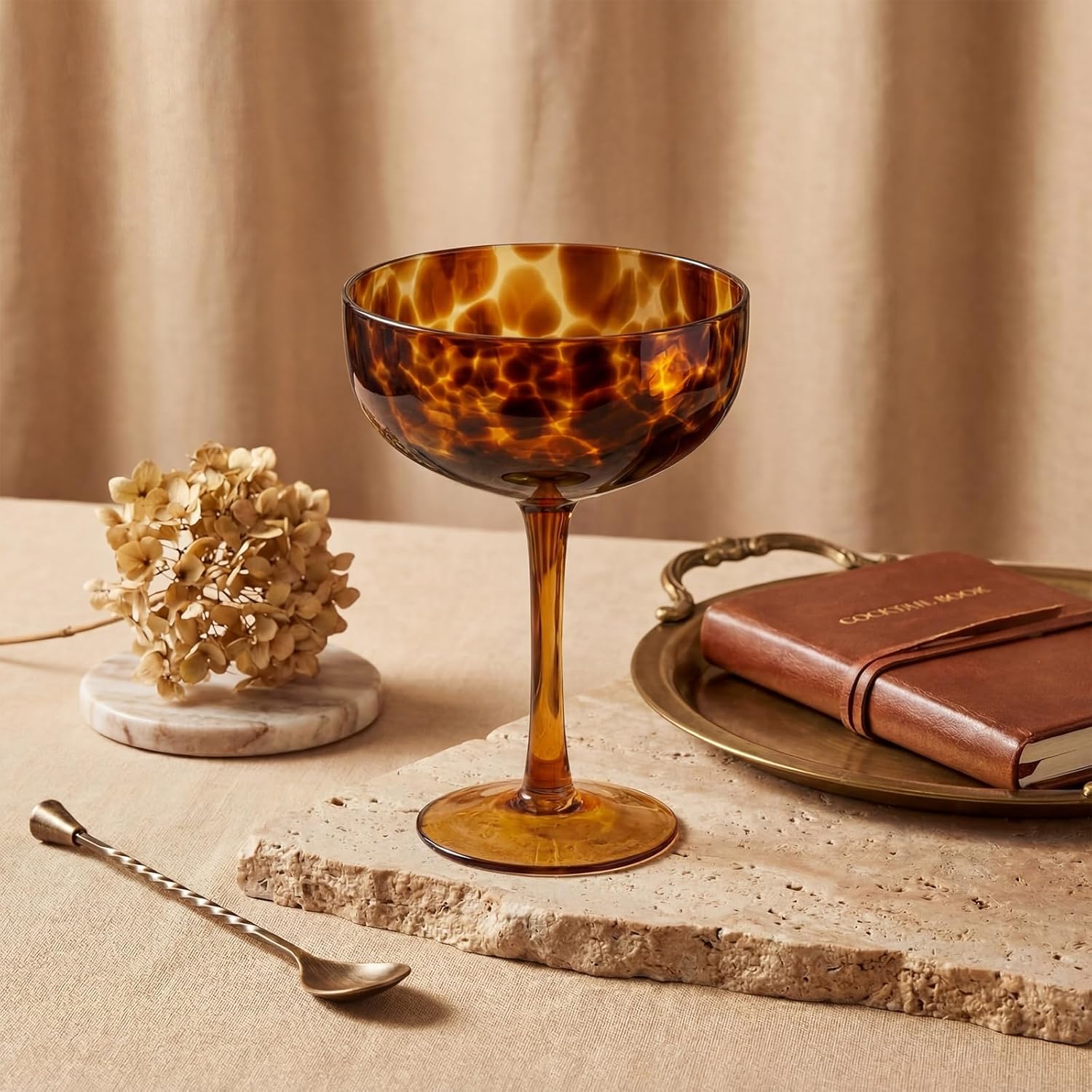 Honeydak Set of 4 Tortoise Leopard Print Brown 7oz Rocks Glasses Stylish Stemless Cocktail Cups Glass Glassware Tumbler Ideal for Gin, Tequila, Vodka, Soft Drinks (Goblet)