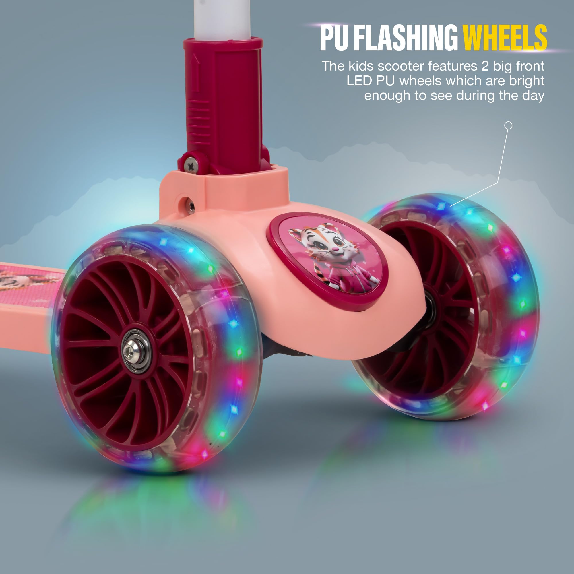 Baybee Kitty Kick Scooter for Kids | Foldable 3 Wheel Kid Scooter with 4 Height Adjustable Handle & Brake | Skate Scooters with LED PU Wheels | Runner Scooters for Kids 3 to 10 Years Boys Girls (Pink) - Image 5 thumbnail