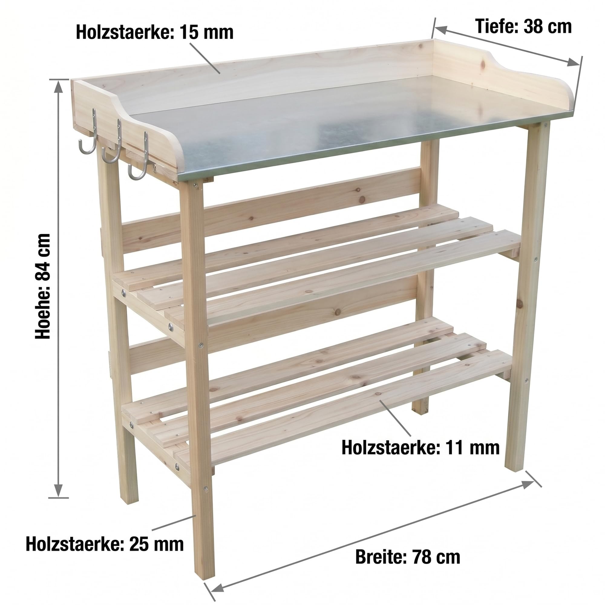 Mucola Pflanztisch Gärtnertisch mit Zinkplatte 2 Ablagen 84x78x38 cm Holz