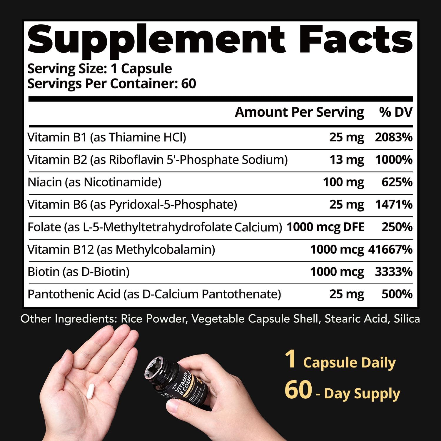 Methylated Vitamin B Complex – High Absorption Active Forms for Energy, Mood & Heart – 8 B Complex with B12, B9, B6, B1, B2, B3, B5, B7 – Non-GMO, Gluten-Free, 60 Vegan Capsules