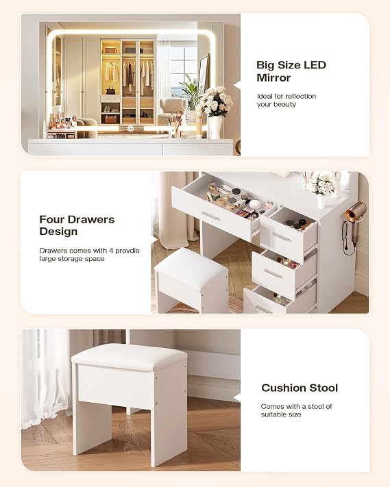 LIVELYGLOW 35.4 White Vanity Desk Set with Full-Width LED Mirror & Stool