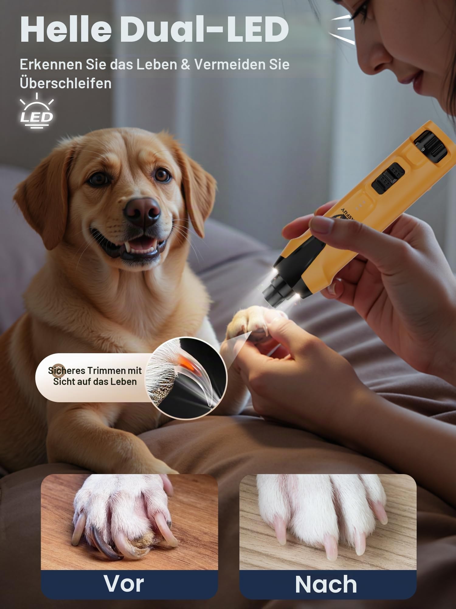 Casfuy 6-Gang-Hunde-Nagelschleifer - 50% Boosted Power Hund Nagelschneider Leise mit Dual-LED-Leuchten & Staubsammler & 4,8 V Kupfermotor Elektrische Haustier Zehennagelfeile Werkzeug für große