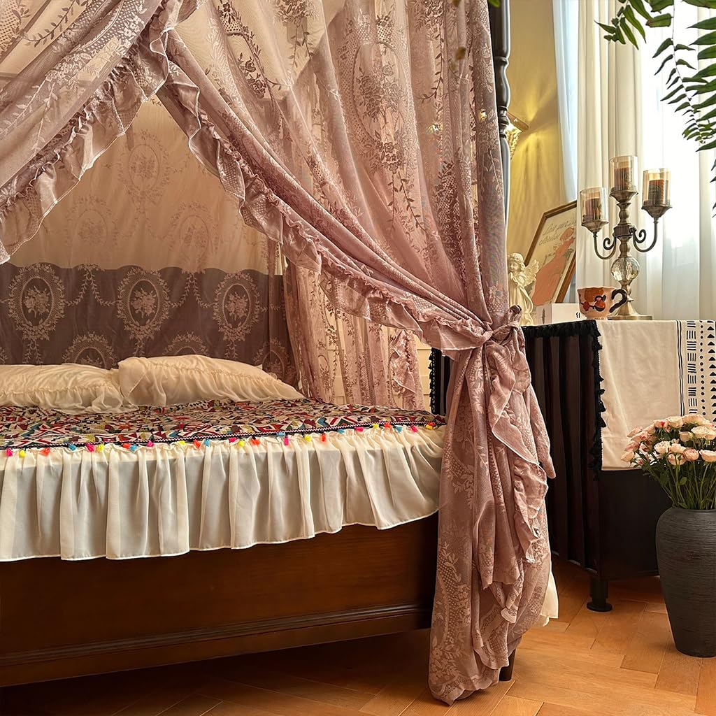 Elegante Spitze Prinzessin 4 Eckpfosten Moskitonetz Romantisch für Mädchen Frauen Bettvorhang Baldachin für Erwachsene Hochzeit Schlafzimmer Kinderzimmer Dekoration (Kaffee-2, Queen)