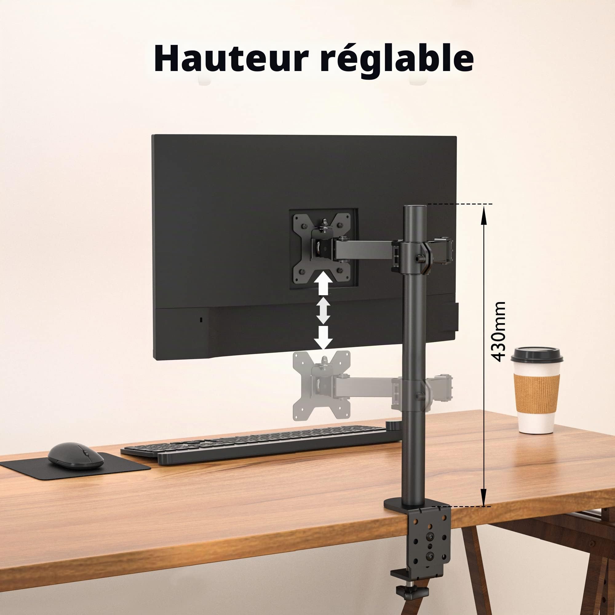 BONTEC Support Ecran PC 13-32 Pouces, Capacité 10 kg, VESA 75x75-100x100 mm, Réglable Hauteur Inclinable Pivotant