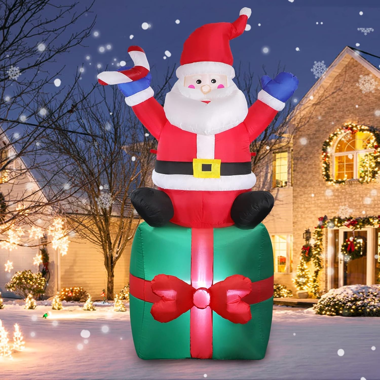 6 FT Christmas Inflatable Santa Claus with Gift Box Outdoor Decorations for Yard, Blow up Santa Sitting on Santa’s Gift Box, Built-in LED Lights, Holiday Decor for Xmas Party Home Patio Garden Lawn