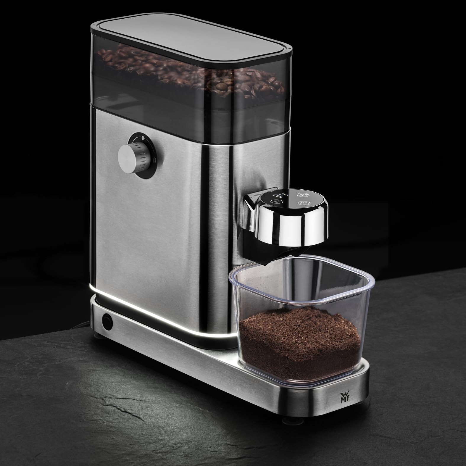 WMF Lumero elektryczny młynek do espresso 150 W, przyciski dotykowe LED, 40 stopni mielenia, pojemnik na kawę, stal nierdzewna Cromargan matowa