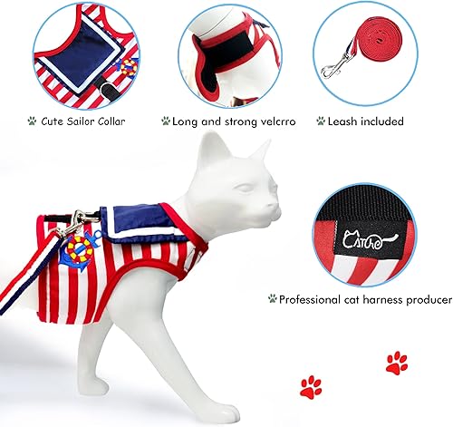 Miniatura 5 de Arnés de gato con correa, ajustable para gatos, chaleco acolchado para gatos, Traje marinero rojo