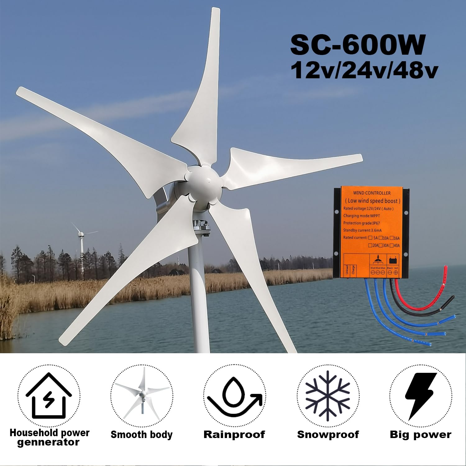 Aerogenerador 800W 12V/24V/48V - Generador Eólico 5 Palas con Controlador MPPT, Funcionamiento Silencioso para Hogar y Granja (24, Voltios)
