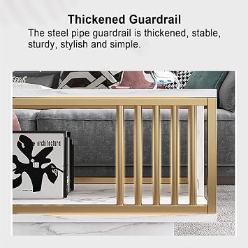 Modern Rectangle Coffee Table with Storage, Faux Marble Top, Black/Gold Metal Frame, 2-Tier Design for Living Room, 47in/120cm, Stylish Svart Finish