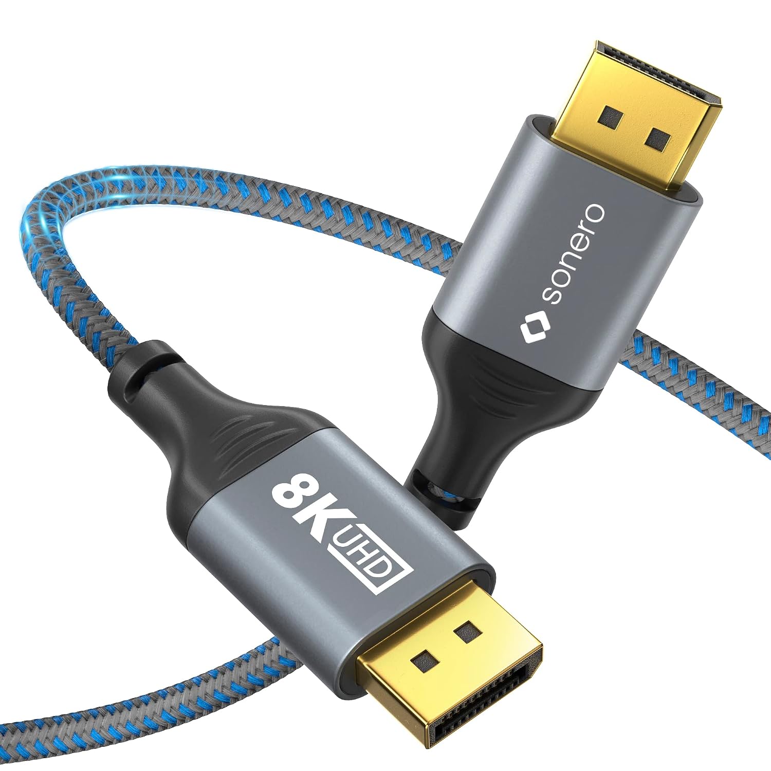 Sonero® 8K DisplayPort Cable 1.4, DisplayPort Male to DisplayPort Male, 8K 60Hz, 4K 120Hz, Cotton Sheath, Grey/Blue, 2.00 m