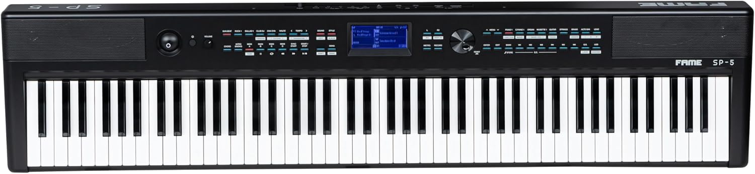 Top-down view of Fame SP-5 Stage Piano control panel and keys