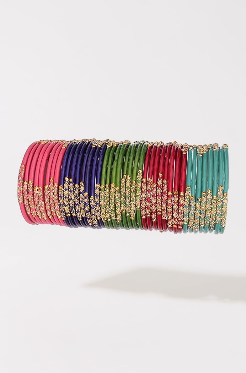 Glass Bangle Set For Women & Girls | Zircon Gemstone And Beads Studded Bangles | Glossy Finish Stylish Chudi Set | Perfect For Wedding Festival Party | Elegant Traditional Fashion Jewelry