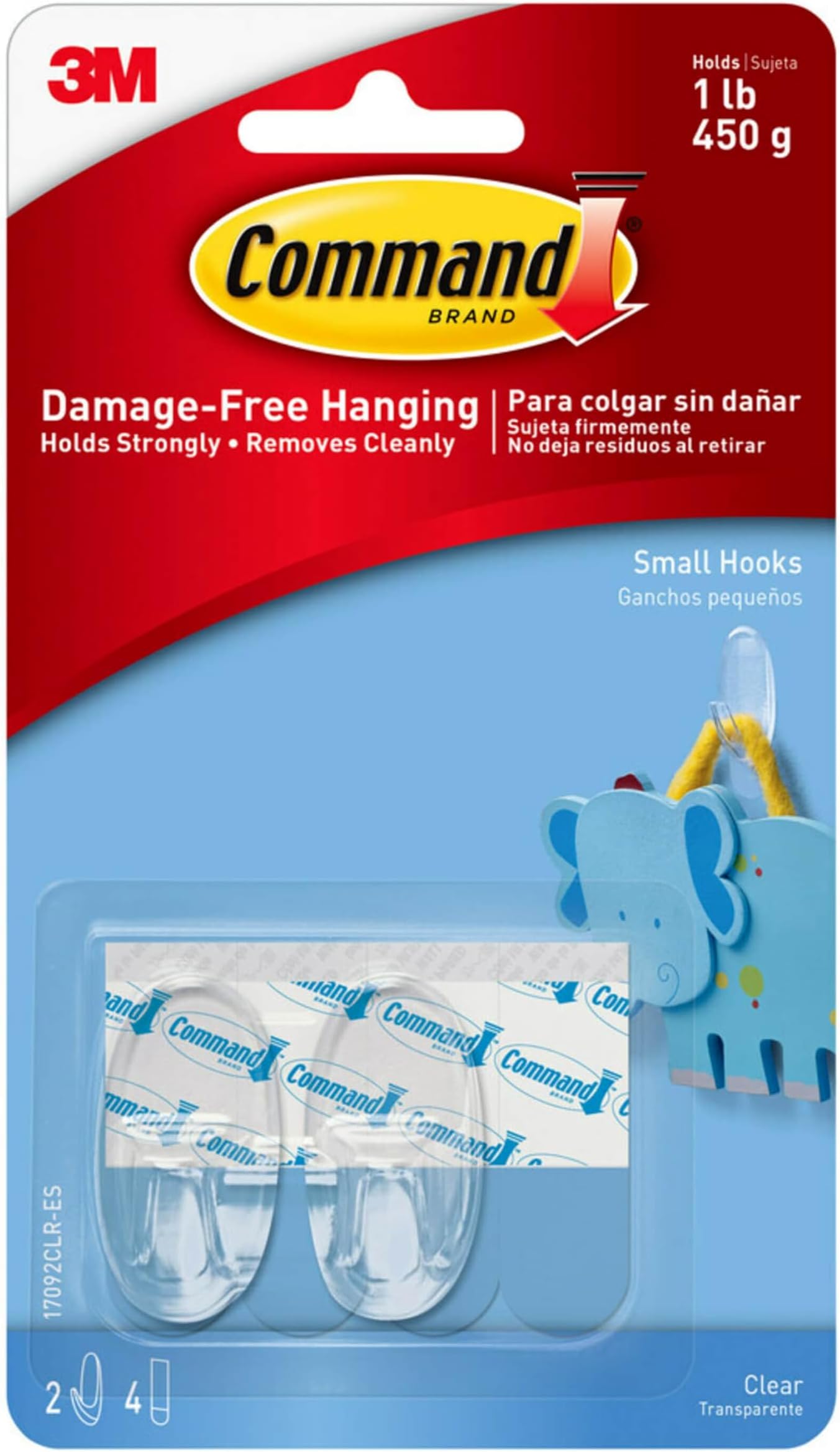 Command Plastic Small Hooks for Damage Free Walls (Holds 450gm, Transparent) - Pack of 2 Hooks and 4 Strips