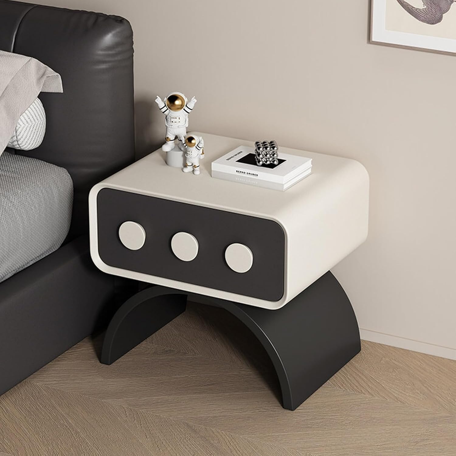 Bed Side Table Nightstand Curved Base One Drawer Three Circle Accents for Bedroom Storage Night Stand(Brown,Small)