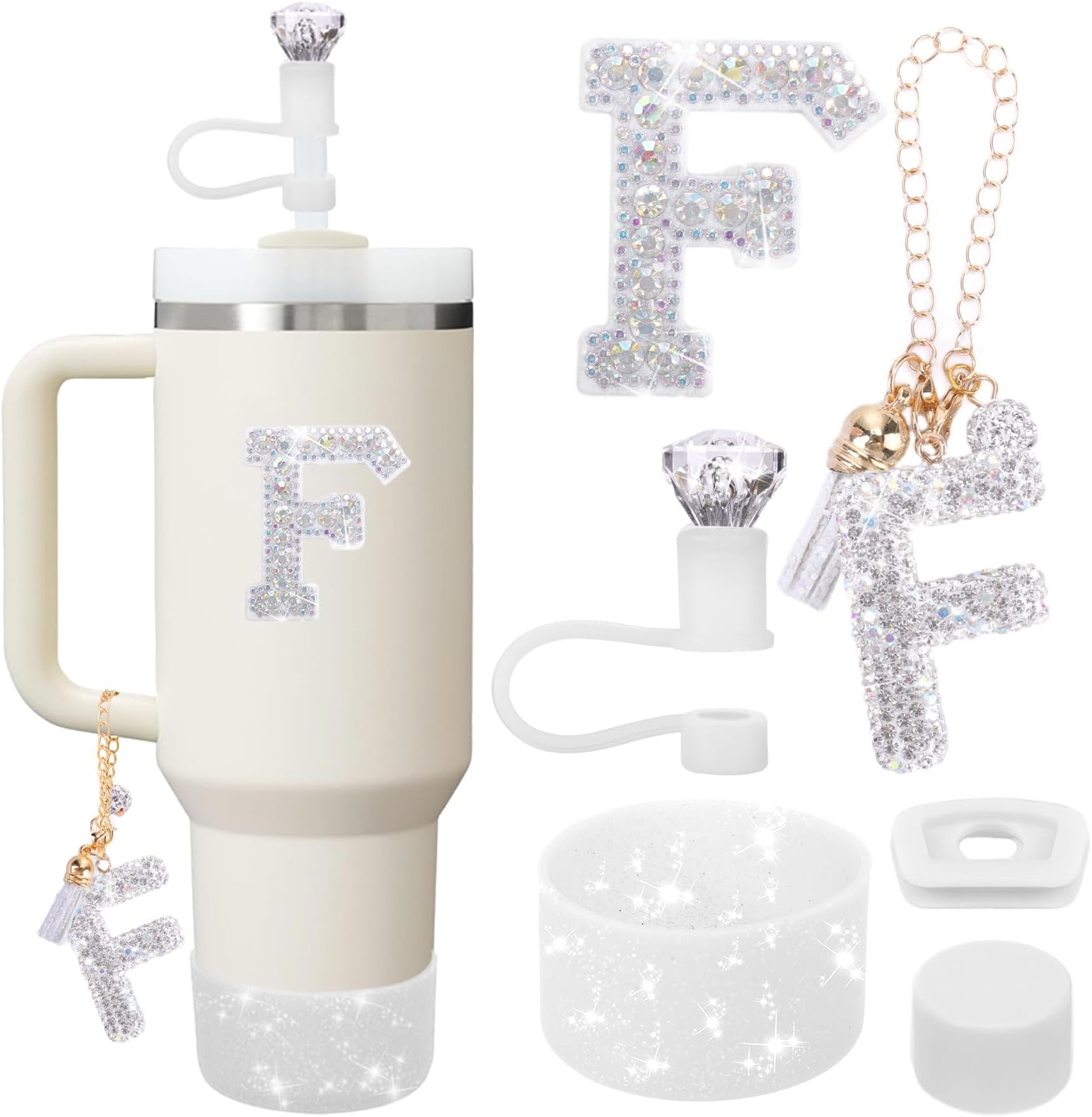 Mity rain Accessories Set for Stanley Cup, Initials Decorations for Tumbler Cup 30/40OZ, Including Diamond Straw Topper/Spill Proof Stopper/Sparkly Silicone Boot Set/Letter Charms for Handle A-Z (F)