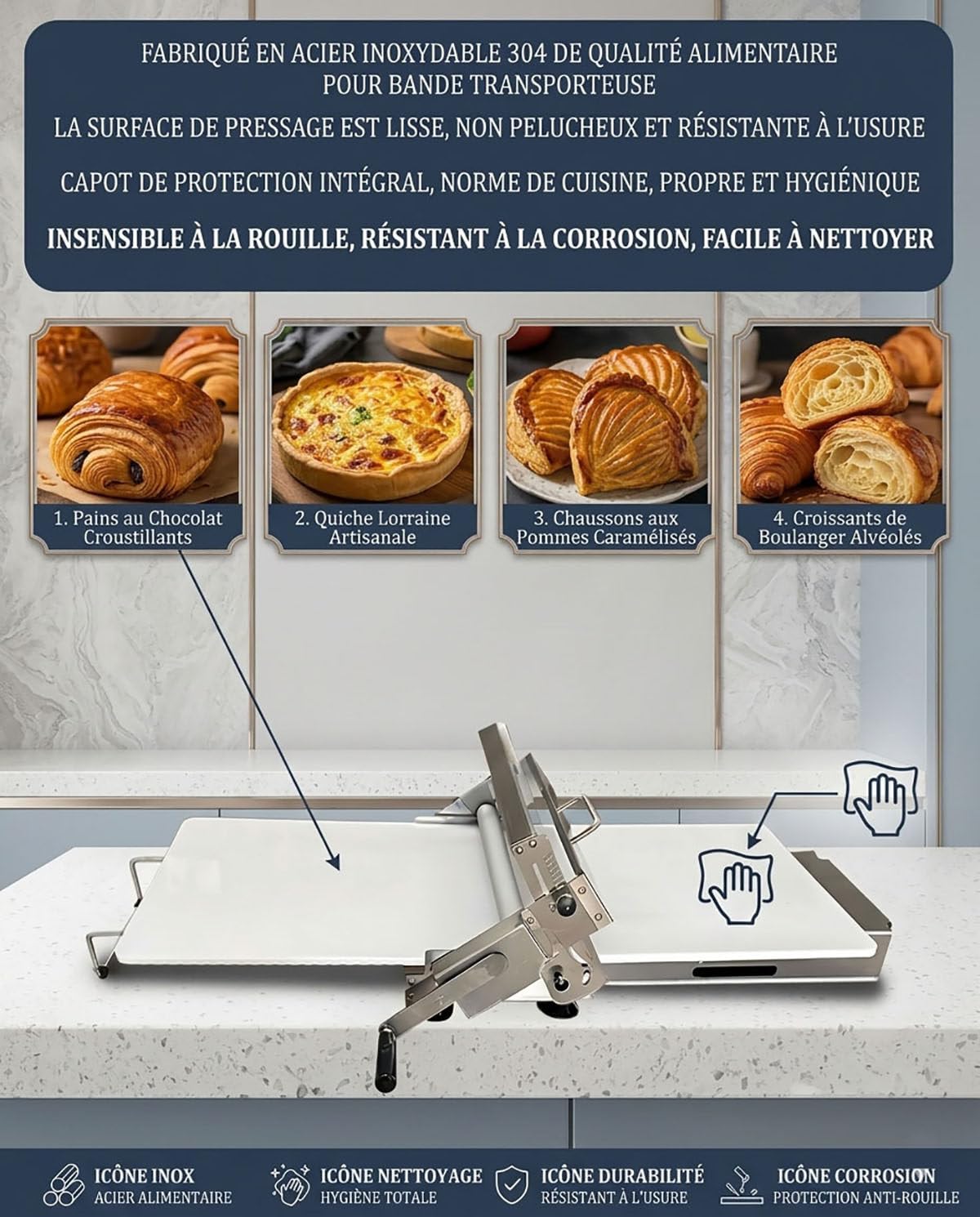 Laminoir Manuel Pliable 304 INOX - Machine à Pâte Pro 0-25mm, Laminoir Domestique pour Croissants, Pâte Feuilletée, Pizza et Biscuits - Design Compact Gain de Place 40x90cm