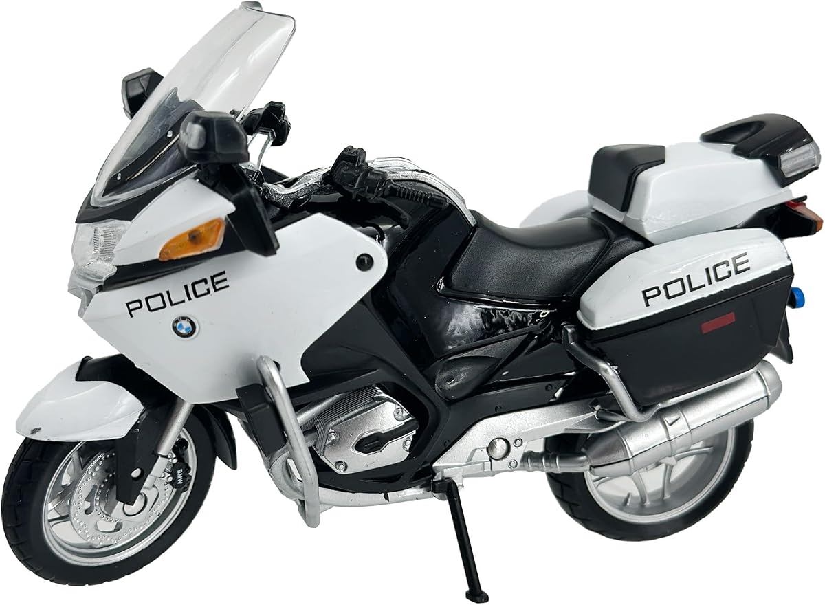 Réplica de Moto de Policía BMW R1200 RT, Escala 1:18 | Auténtica pieza de exhibición policial con parte delantera orientable, neumáticos rodantes y soporte plegable.