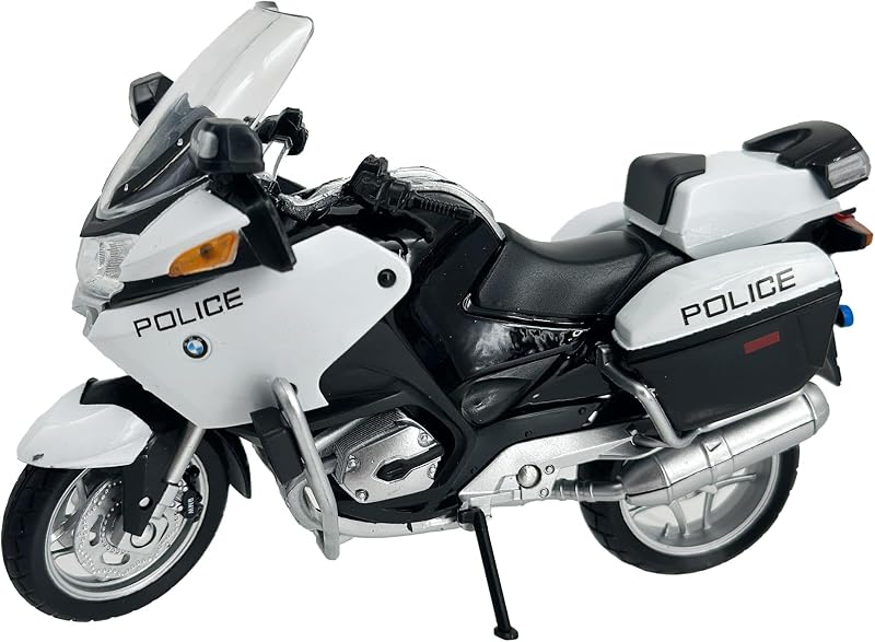 Réplica de Moto de Policía BMW R1200 RT, Escala 1:18 | Auténtica pieza de exhibición policial con parte delantera orientable, neumáticos rodantes y soporte plegable.