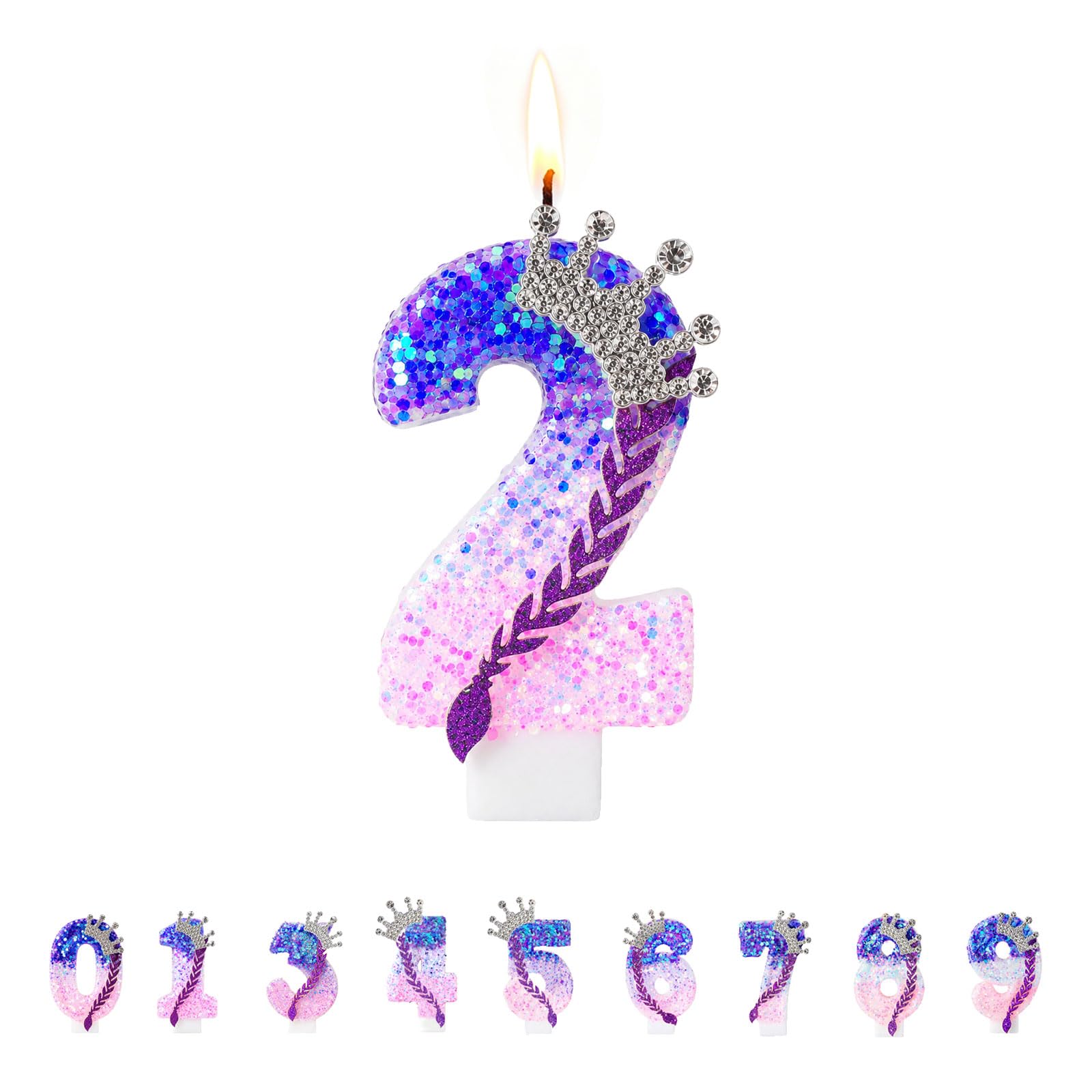 Floruvia 1 Number Candle Birthday, Glitter Cake Candle Number 2 With Crown Braid Design In Purple Pink, For Birthday Anniversary Cake Decor
