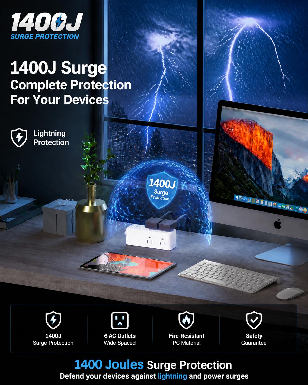 WRXDMC - Regleta de alimentación de 2 clavijas a 3 clavijas, adaptador de salida de 1400J de dos clavijas, cable de extensión de 10 pies, 6 salidas de CA con 1 puerto USB C y 2 puertos USB A, montaje