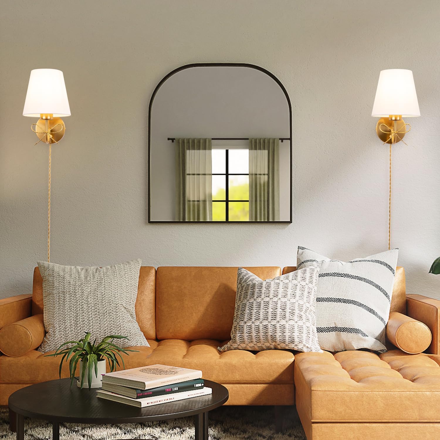 Adust Plug in Wall Sconces Set of Two with Plug in Cord Dimmable LED Bulbs, Bow Wall Sconces Antique Brass Farmhouse Wall Lamps Decor with Switch Cord for Living Room, Bedroom, Bulb Included