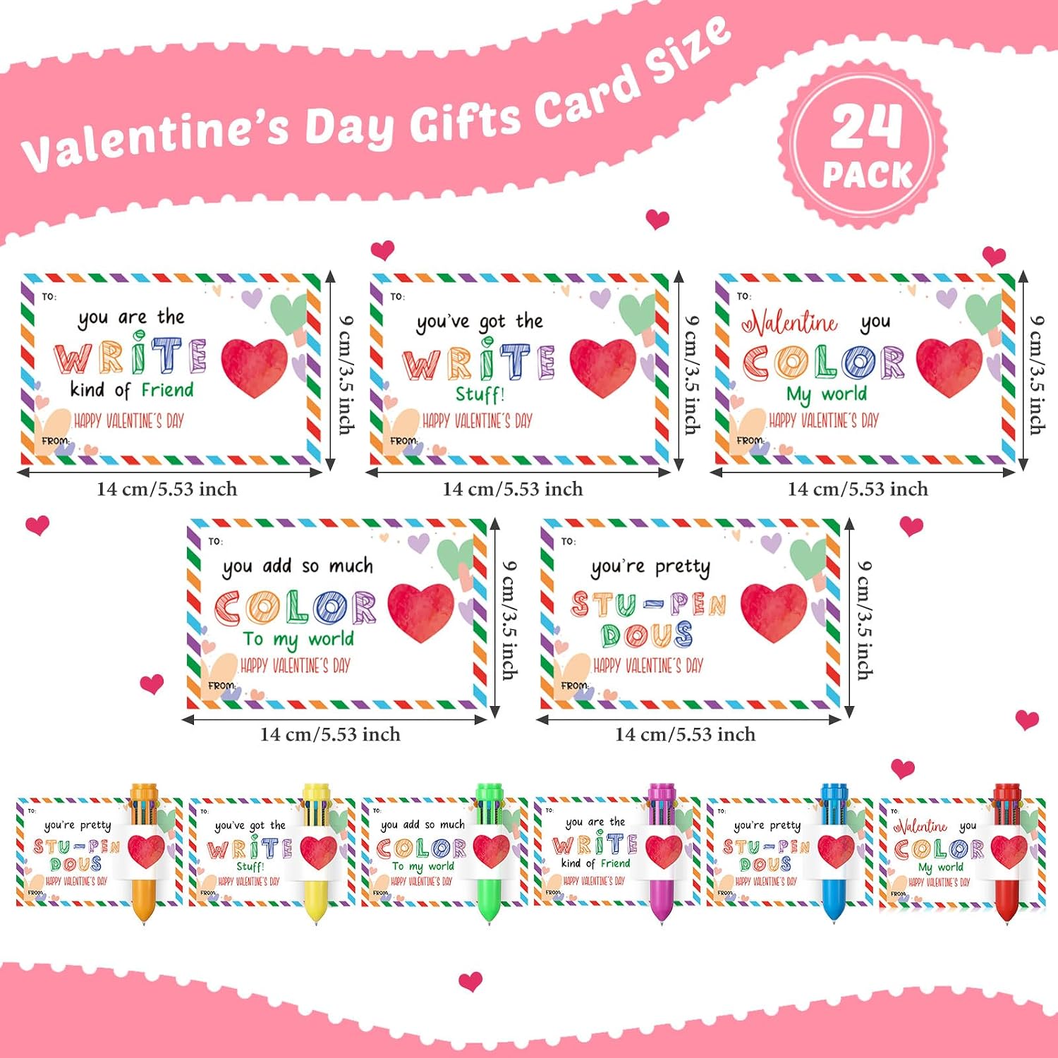 Sabary 24 Set Valentines Day Card and Multicolor Pen Gift Greeting Card and Retractable Multicolored Pen for Kids School Valentine's Day Student Classroom Exchange Gift Party Favor (Multicolor,10-in-1)