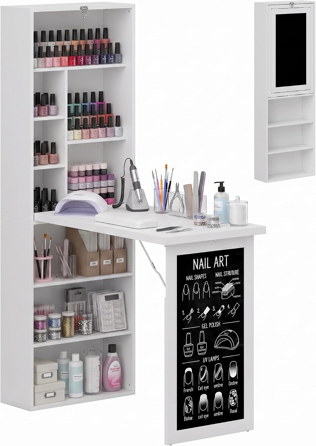 HOMCOM Foldable Nail Desk with Wall Storage, Space-Saving Manicure Table