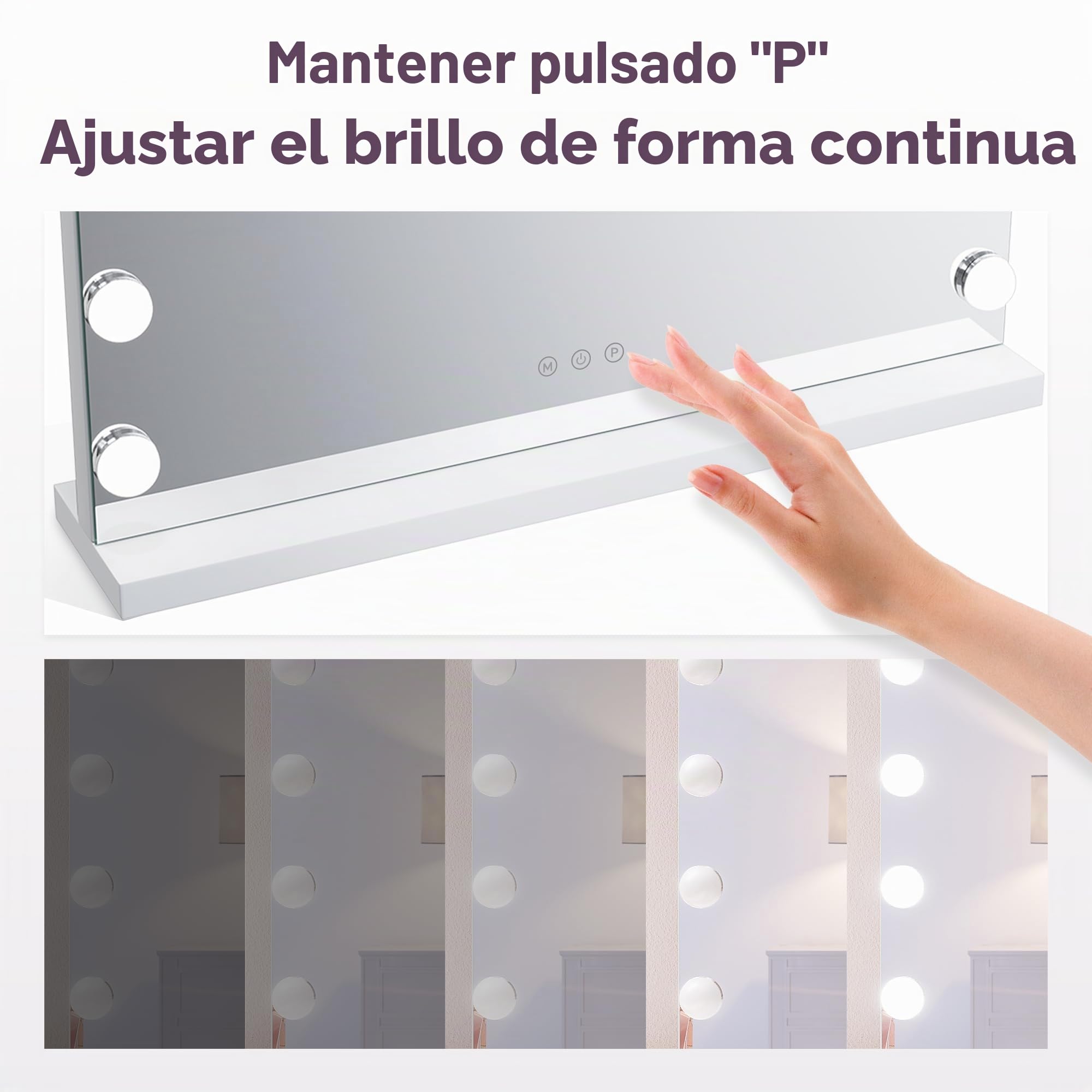 SONNI Hollywood - Espejo de maquillaje con luz (58 x 46 cm) | 3 colores de luz, regulable, función táctil y memoria, 15 bombillas LED. Ideal para maquillaje diario y como regalo