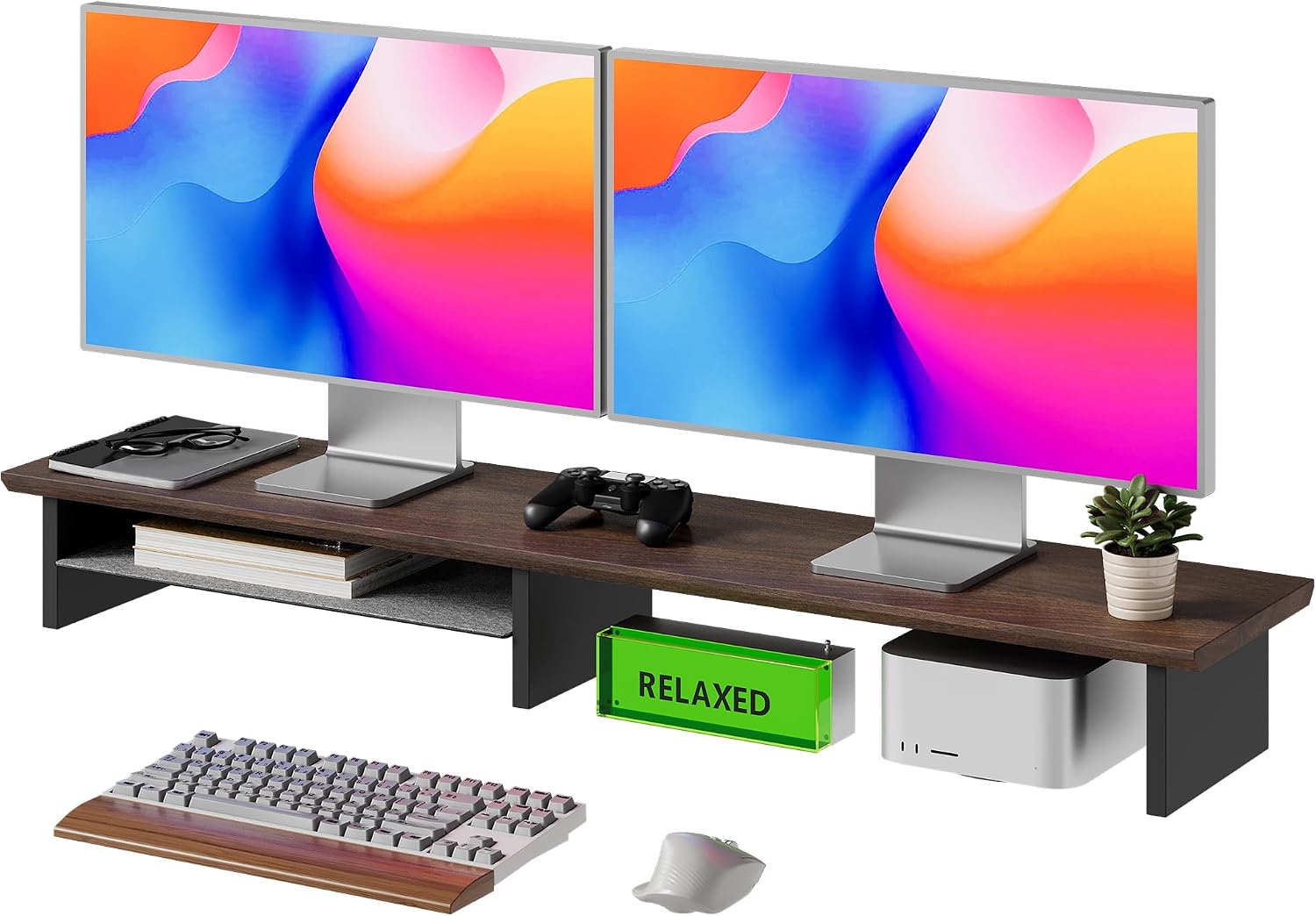 FENSULN Dual‑Tier Monitor Stand for Minimalist Wooden and Metal Riser Shelf Desktop Stands Organizer with Underneath Storage for Dual Monitors, Laptops, Home Office Aesthetic Brown
