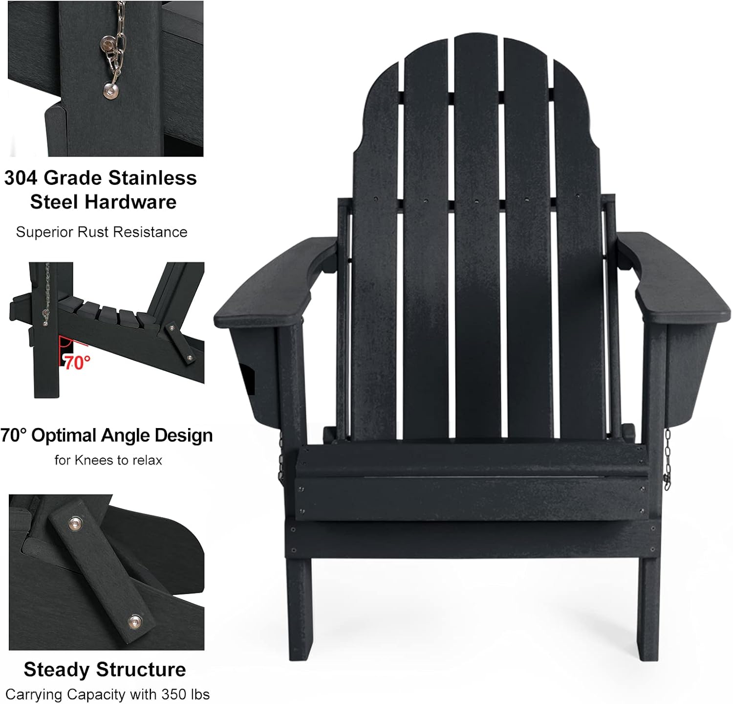 PILITO Adirondack Chair, Outdoor Folding Chairs, Patio Lounge Chair, Weather Resistant, HDPE Material, Perfect for Deck, Garden, Backyard & Lawn Furniture, Fire Pit, Porch Seating, Black : Patio, Lawn & Garden