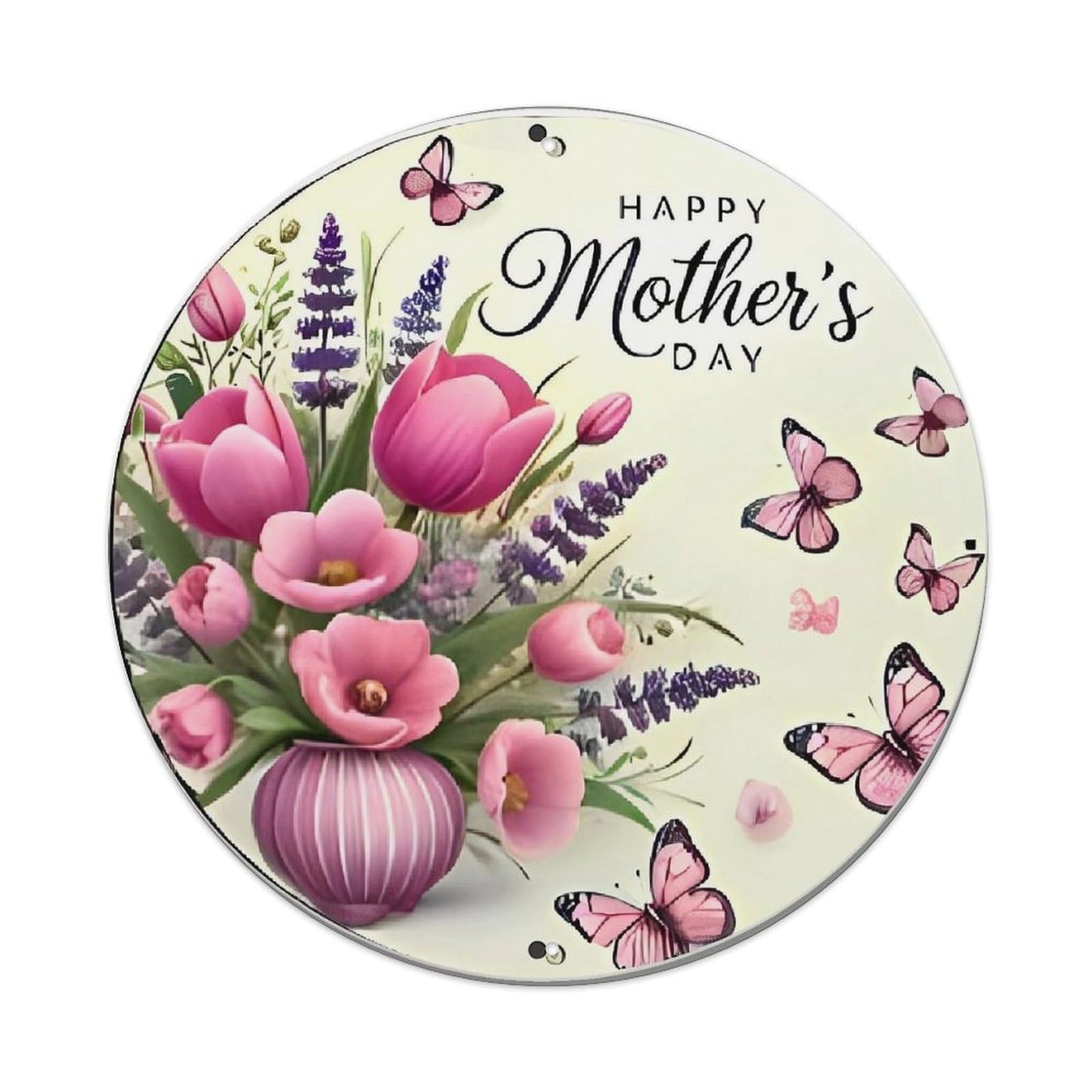 Jdyaojiesheng Vintage Floral Bouquet Butterflies Pink Vase Round Tin Sign Retro Metal Wall Decor Metal Poster, Home Bar Garage Farmhouse Cafe Wall Art Decoration 8X8inch