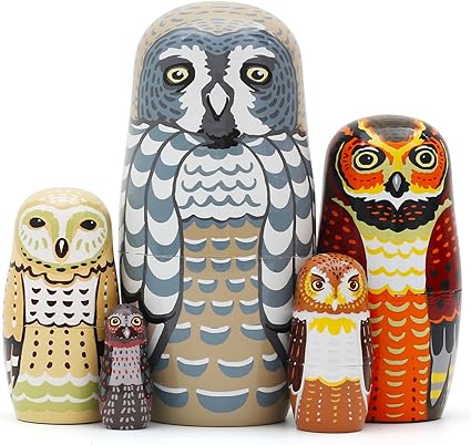 Set of 5 Owl Family Nesting Dolls Forest Animals Nesting Dolls Matryoshka Russian Doll Figurines Kids Stacking Dolls for Father's Day Christmas Birthday Owl Lover Home Decoration