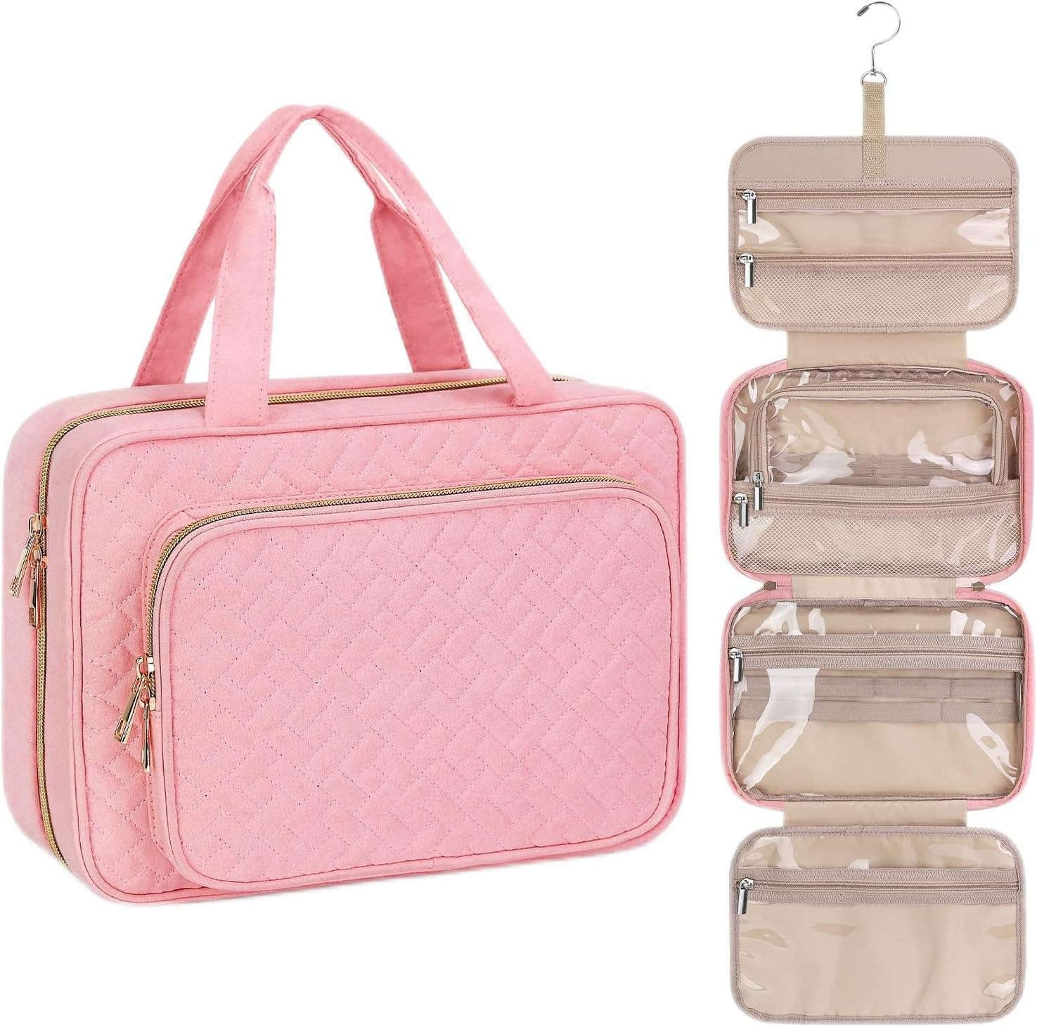 Wedama Toiletry Bag for Women, Medium Cosmetic Travel Bag, Hanging Toiletry Bag for Bathroom, Thickened PVC Waterproof Travel Makeup Bag, Toiletries Bag for Travel Business Trips and Camping, Pink
