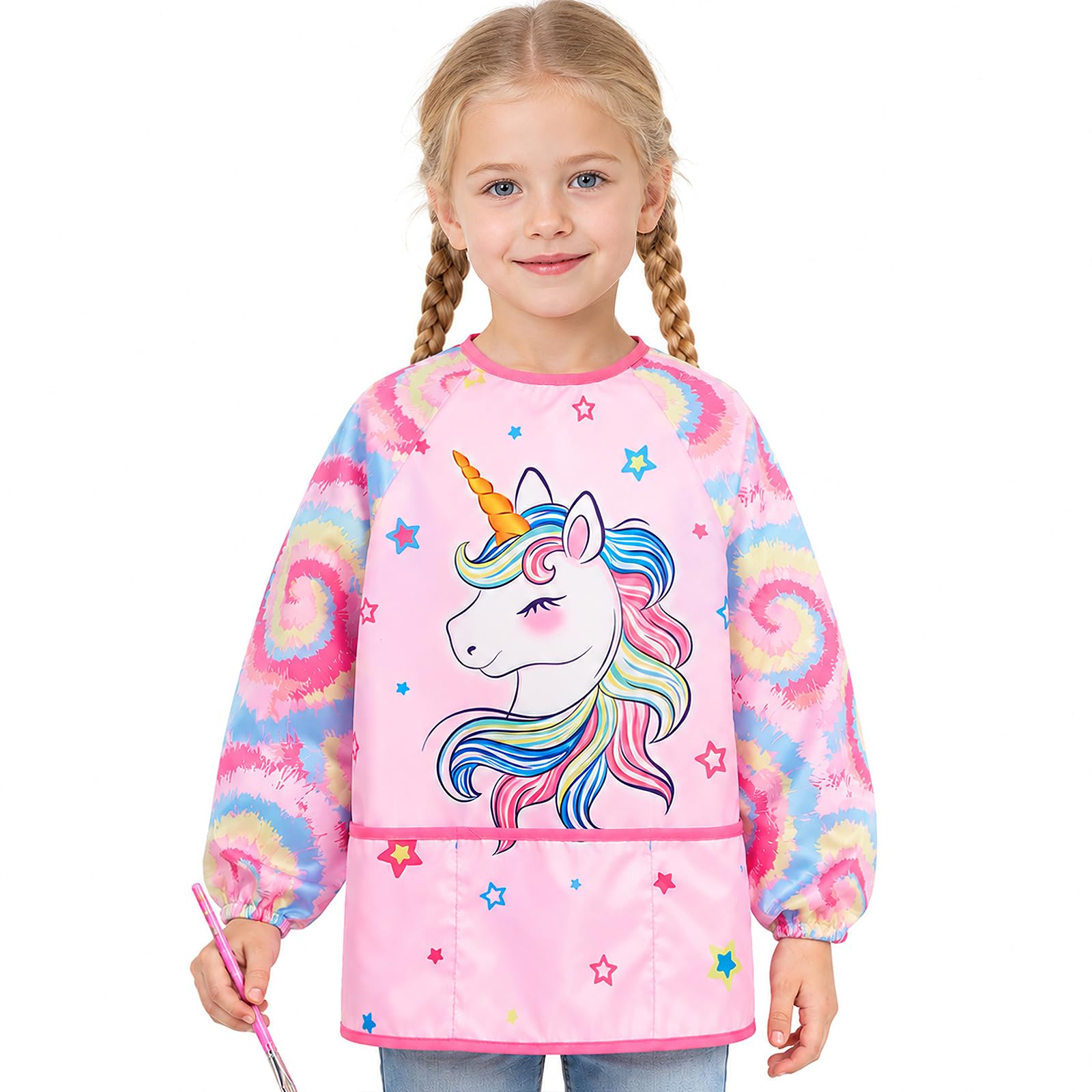 WERNNSAI Unicorn Kids Art Smock for Girl Age 3-6 with Long Sleeve 3 Pockets