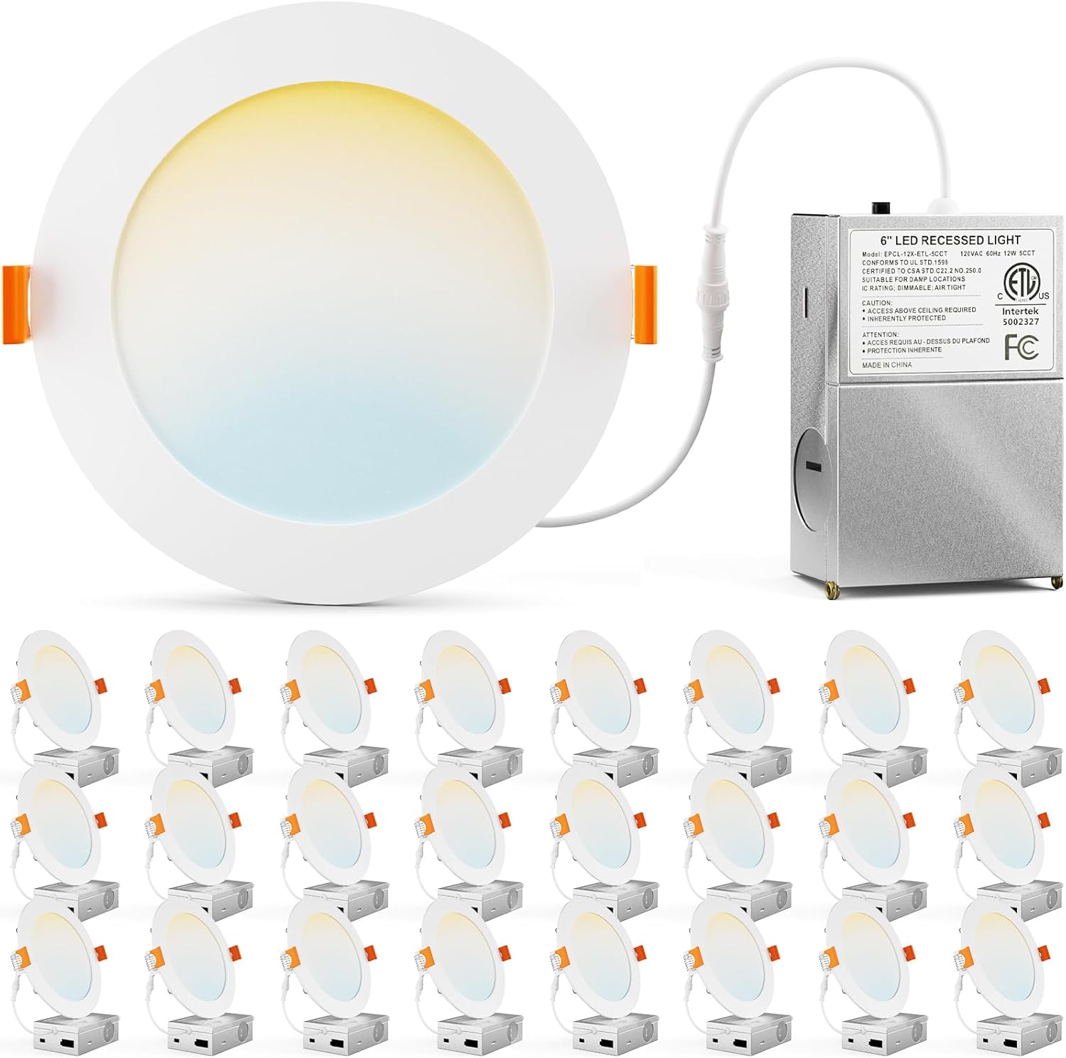 VOLIVO 6 Inch LED Recessed Ceiling Lighting 24 Pack, 5CCT Ultra-Thin Canless Downlight with Junction Box, Dimmable Wafer Lights 12W=110W, 1050LM High Brightness, Adjustable 2700K-5000K, ETL&FCC&IC